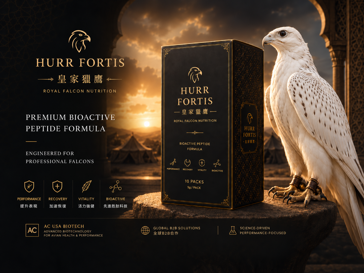 Hurr Fortis 皇家獵鷹高階生物活性胜肽配方，黑金產品盒與白色獵鷹